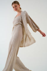 Gaiia Openwork Shawl Collar Cardigan Blouse Trousers Three Piece Set