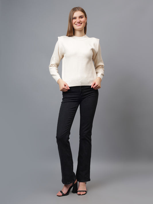 Gaiia Teal Crew Neck Shoulder Detailed Sweater