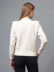 Gaiia Teal Crew Neck Shoulder Detailed Sweater