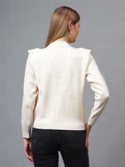 Gaiia Teal Crew Neck Shoulder Detailed Sweater