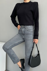 Gaiia Teal Crew Neck Shoulder Detailed Sweater