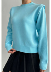 Gaiia Teal Crew Neck Shoulder Detailed Sweater