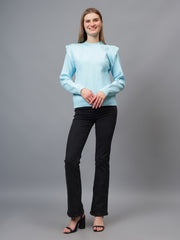 Gaiia Teal Crew Neck Shoulder Detailed Sweater