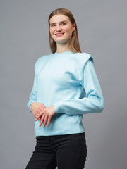 Gaiia Teal Crew Neck Shoulder Detailed Sweater