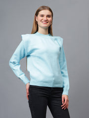 Gaiia Teal Crew Neck Shoulder Detailed Sweater