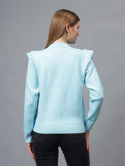 Gaiia Teal Crew Neck Shoulder Detailed Sweater