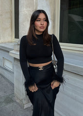 Gaiia Full Sleeves Feather Detail Crop Top - Black