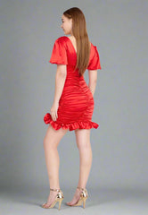 Gaiia Wide V Neck Draped Bodycon Dress - Red