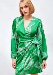 Gaiia Satin Printed Wrap Around Dress