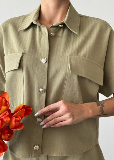 Gaiia Half Sleeves Two Pocket Shirt With Shorts - Beige - GAIIA