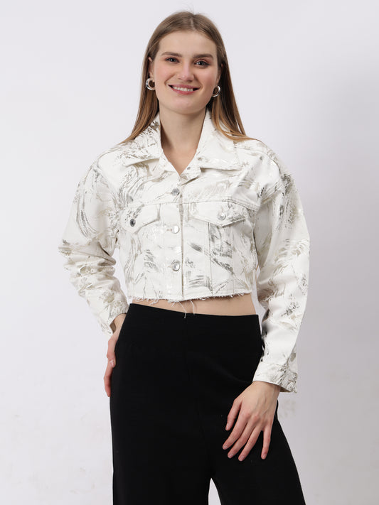Gaiia Foil Abstract Print Denim Jacket - White