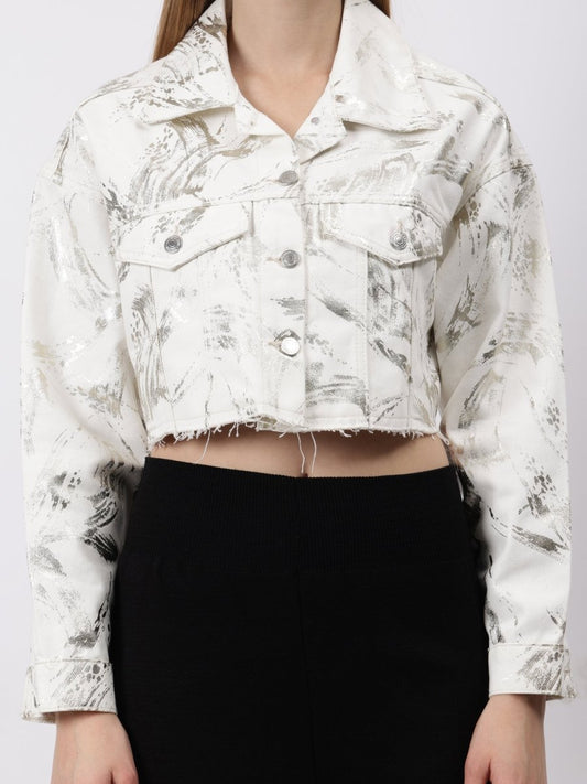 Gaiia Foil Abstract Print Denim Jacket - White - GAIIA