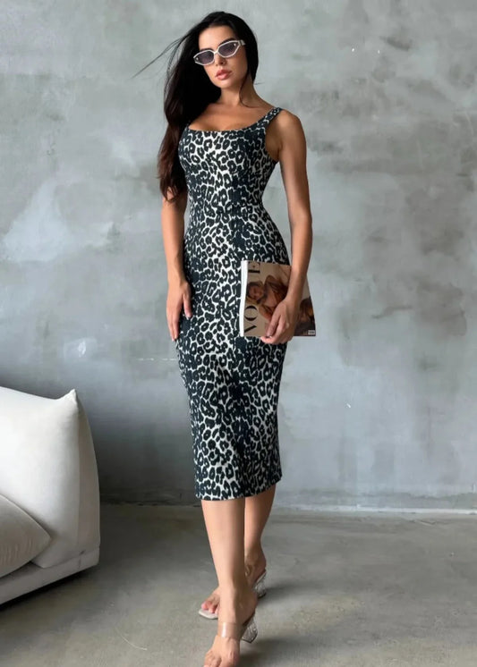 Gaiia Leopard Print Denim Dress - Black