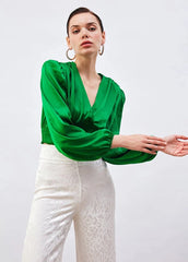 Gaiia Satin Crop Top With Padded Shoulder - Green