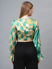 Gaiia Half & Half Printed Satin Crop Top - Green