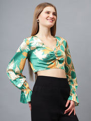 Gaiia Half & Half Printed Satin Crop Top - Green