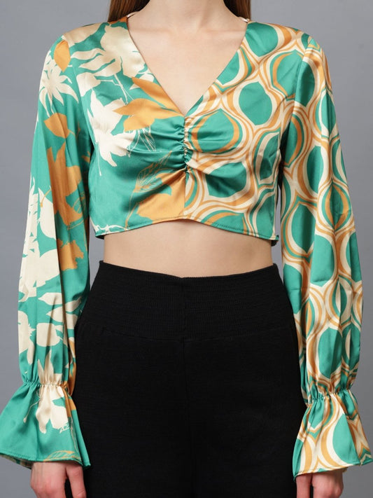 Gaiia Half & Half Printed Satin Crop Top - Green - GAIIA