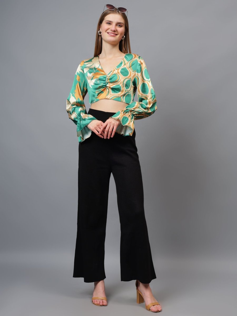 Gaiia Half & Half Printed Satin Crop Top - Green - GAIIA