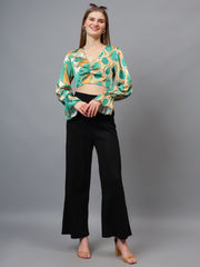 Gaiia Half & Half Printed Satin Crop Top - Green