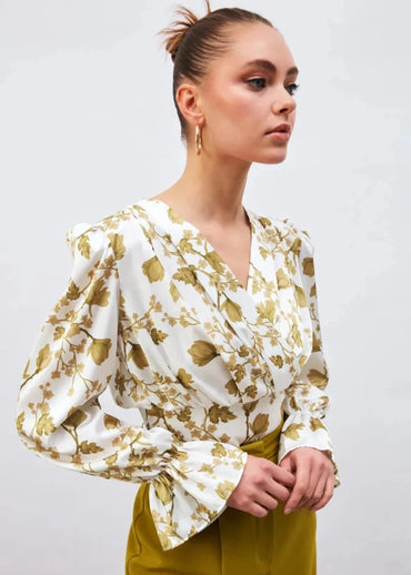 Gaiia Satin Printed Crop Top With Padded Shoulder - Green - GAIIA