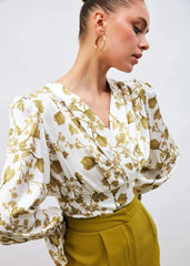 Gaiia Satin Printed Crop Top With Padded Shoulder - Green