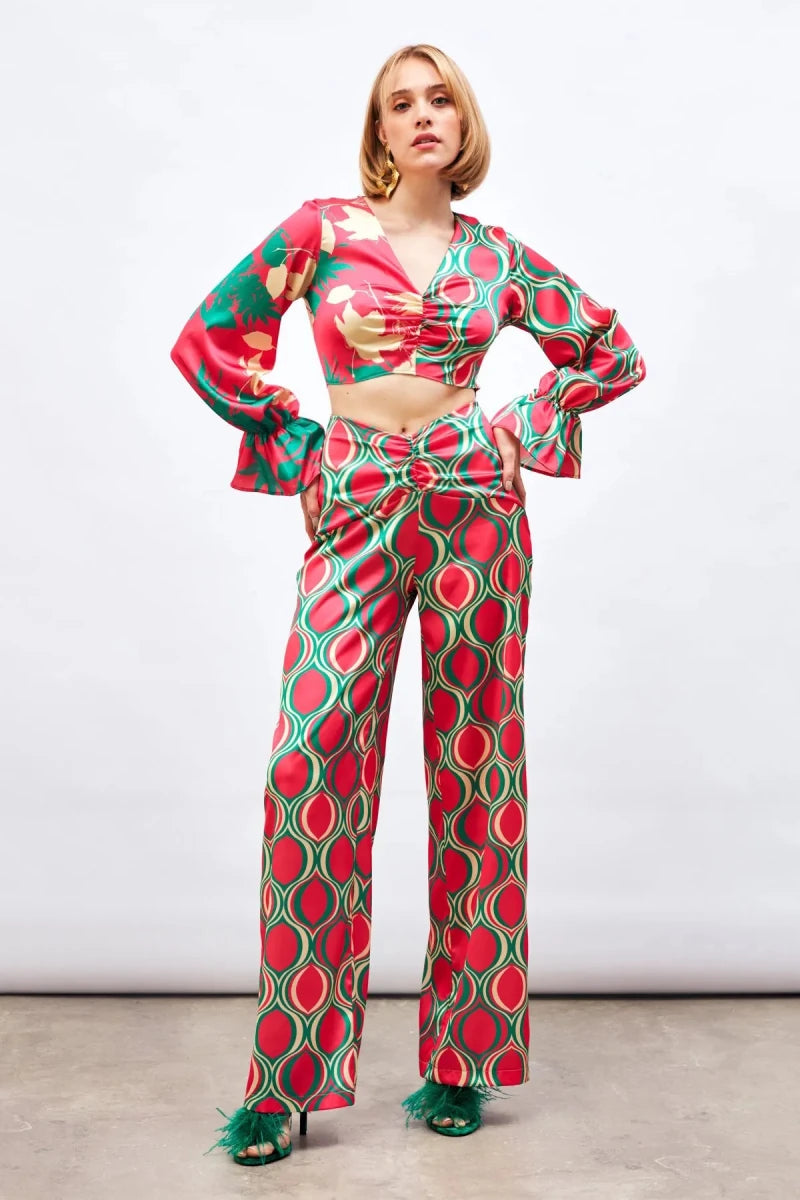 Gaiia Satin Half & Half Printed Co - Ord Set - Beige - GAIIA