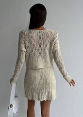 Gaiia Crochet Full Sleeves Top And Skirt Set - Beige