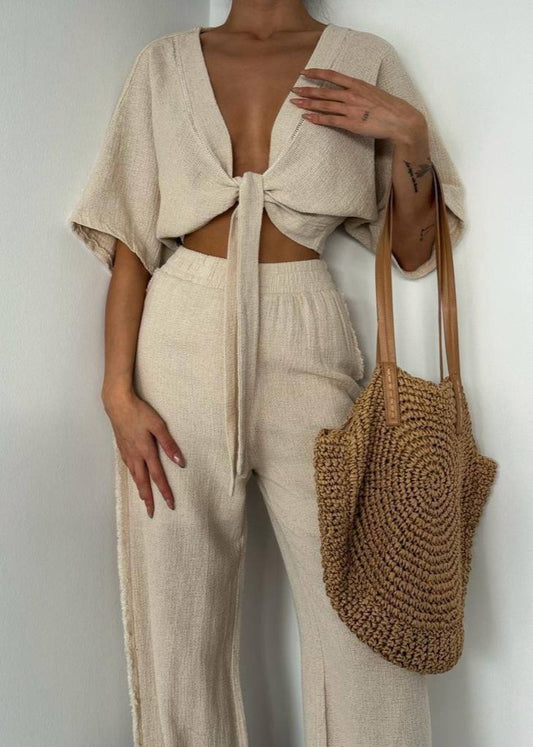 Gaiia Linen Knot Tie Up Top & Pants Set - Beige - GAIIA
