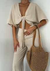 Gaiia Linen Knot Tie Up Top & Pants Set - Beige