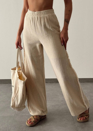 Gaiia Linen Knot Tie Up Top & Pants Set - Beige - GAIIA