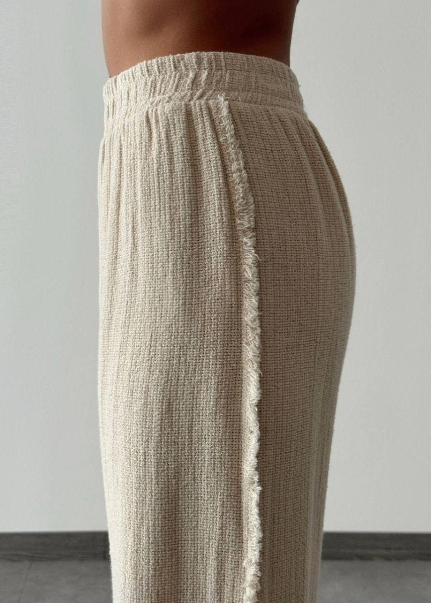 Gaiia Linen Knot Tie Up Top & Pants Set - Beige - GAIIA