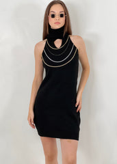 Gaiia High Neck Chain Knitted Dress - Black