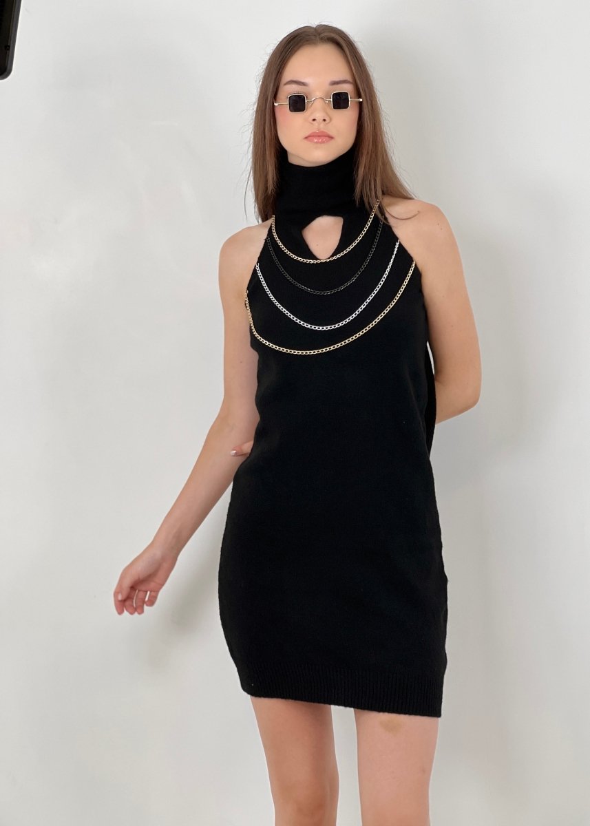 Gaiia High Neck Chain Knitted Dress - Black - GAIIA