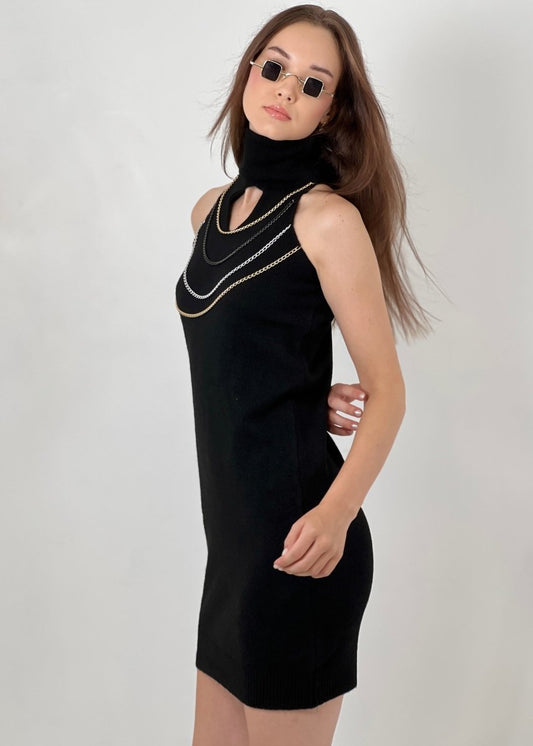 Gaiia High Neck Chain Knitted Dress - Black - GAIIA
