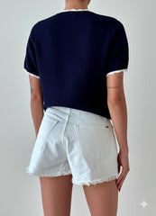 Gaiia Pearl Bow Half Sleeves Knitted Top