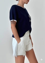 Gaiia Pearl Bow Half Sleeves Knitted Top