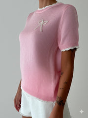 Gaiia Pearl Bow Half Sleeves Knitted Top