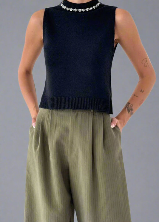 Gaiia High Neck Sleeveless Top With Embellishment