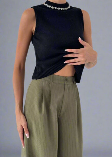 Gaiia High Neck Sleeveless Top With Embellishment - GAIIA