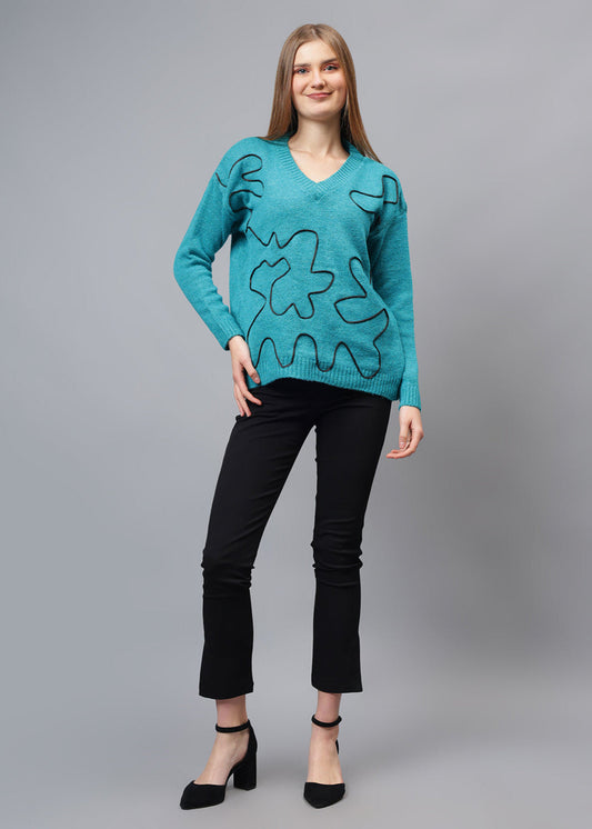 Gaiia V Neck Ribbon Design Pullover