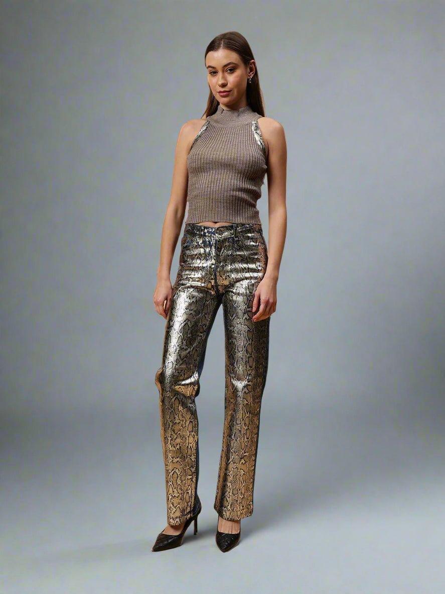 Gaiia High Neck Ribbed Knit Top - Brown - GAIIA