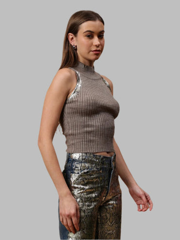 Gaiia High Neck Ribbed Knit Top - Brown - GAIIA