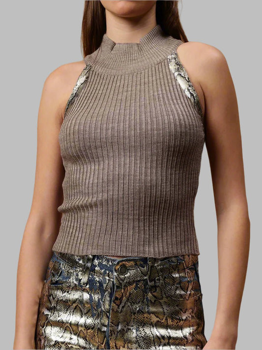 Gaiia High Neck Ribbed Knit Top - Brown - GAIIA