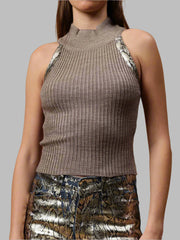 Gaiia High Neck Ribbed Knit Top - Brown