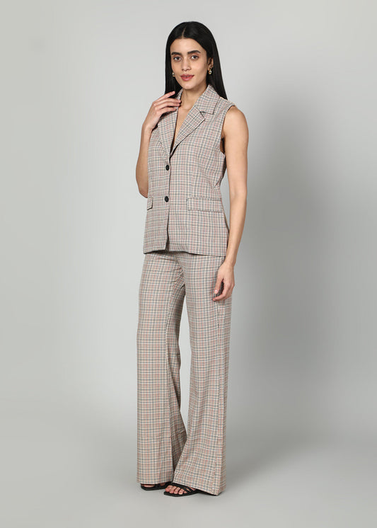Gaiia Checkered Waistcoat And Trouser Set - Beige