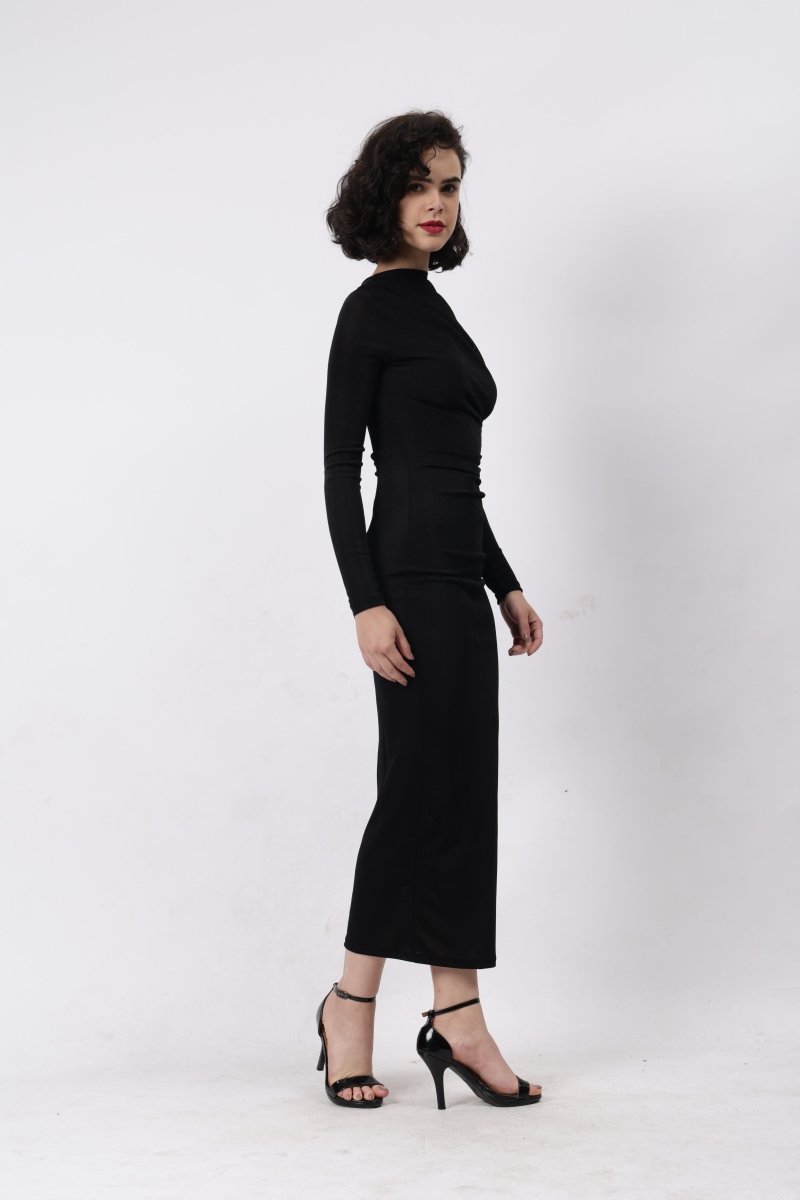 Gaiia Full Sleeves Gathered Long Dress - Black - GAIIA