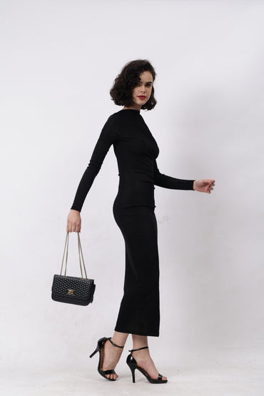 Gaiia Full Sleeves Gathered Long Dress - Black - GAIIA