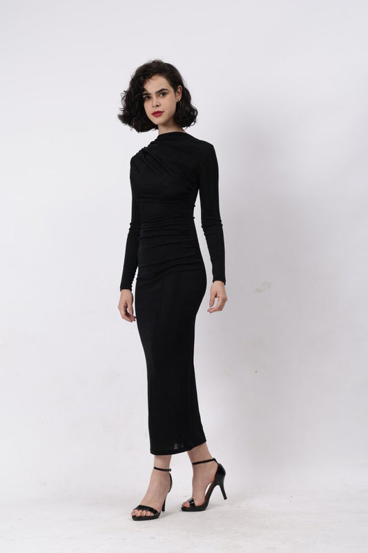 Gaiia Full Sleeves Gathered Long Dress - Black - GAIIA