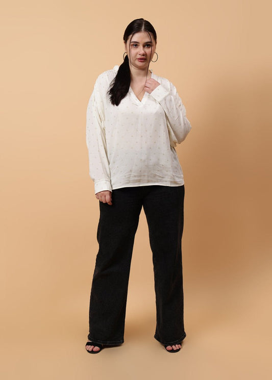 Gaiia Full Sleeves V - Neck Embellished Top - White - GAIIA