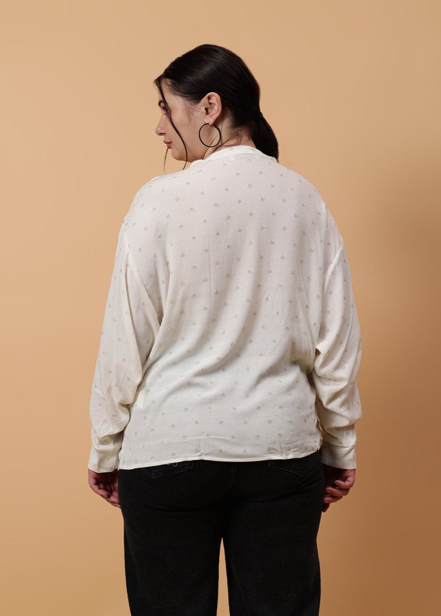 Gaiia Full Sleeves V - Neck Embellished Top - White - GAIIA